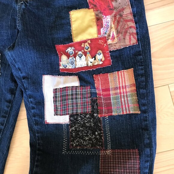 Upcycled Patchwork Jeans: Boho Distressed Denim with Puppies, Size 12 Short - Picture 9 of 13